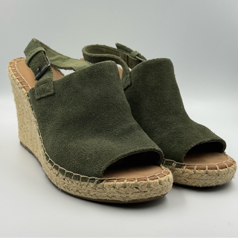 Toms Monica Green Suede Wedge Espadrille Sling Back Sandals Size 7